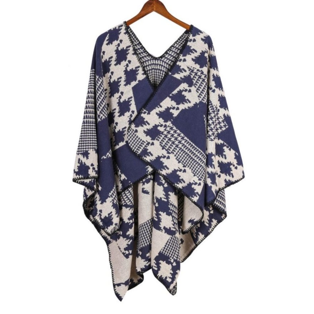 Marc New York Womens Poncho Wrap One Size Blue Beige Houndstooth Open Front - Picture 1 of 8